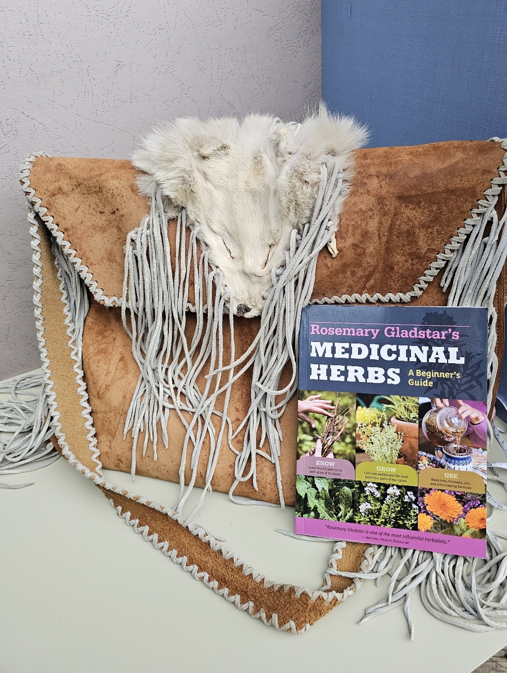 Leather Forager Herbalist Bag White Fox Fur Fringe Herb Book Bundle